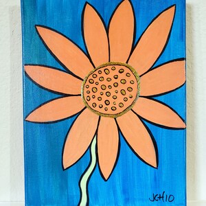 Orange Flower on Blue Background Original Acrylic Painting 11 x 14 image 2