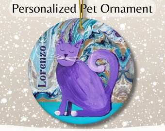 Personalisierte lila Katzen-Keramikverzierung: Künstlerisches Katzenliebhabergeschenk