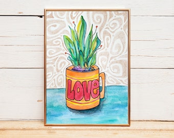 Love Plant Mug Hippie Boho Art Original 5x7 Watercolor Ink and Pencil Drawing Botanical Home Decor Coffee Mug Art