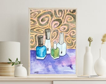 Still Life with Nail Polish Original Girly Art 5.5x8.5 Watercolor and Ink Painting for bedroom bathroom boudoir