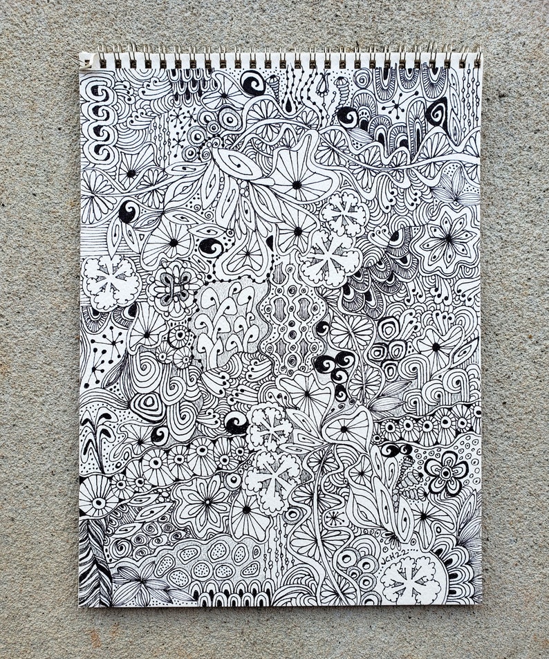 ZenDoodle Original Black and White Art 9x12 Eclectic Boho Botanical Ink Drawing image 3