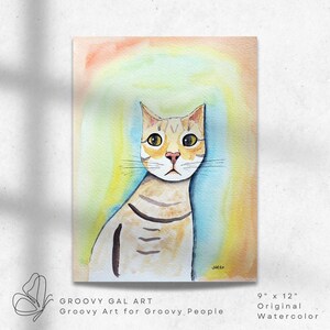 Original Watercolor Cat Art: Groovy Boho Wall Decor (9x12)