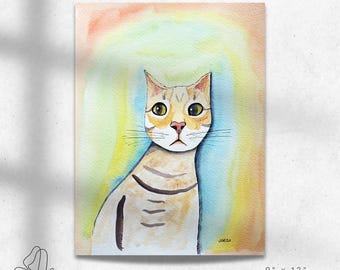 カラフルな猫の水彩画：シュールな抽象芸術（9x12インチ） - Etsy 日本