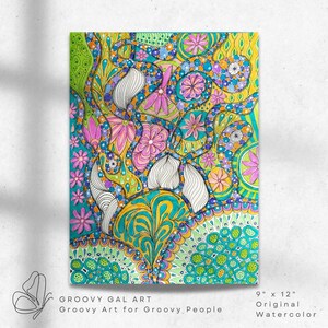 Original Painting | Watercolor Art | Fine Art | Botanical | Groovy Wall Art | Modern Living | Boho | Unframed | Signed 9x12 Flower Doodle