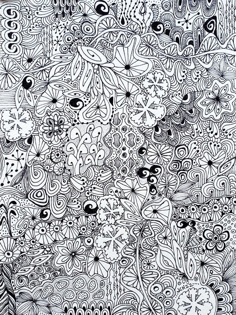 ZenDoodle Original Black and White Art 9x12 Eclectic Boho Botanical Ink Drawing image 2