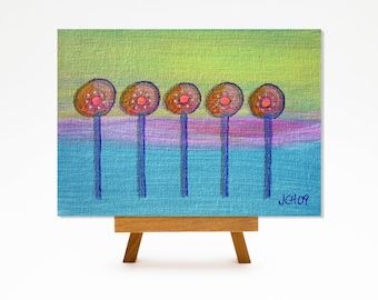 Lollipop Trees Acrylic Painting: Groovy Modern Art, 5x7 Signed Panel