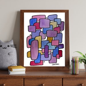 Amethyst Watercolor Art: Groovy Geoblobs Painting, Signed 9x12 Unframed