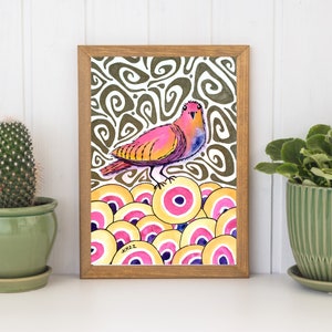 Pretty Bird Original Retro Inspired Art 5x7 Watercolor and Ink Painting Drawing image 1