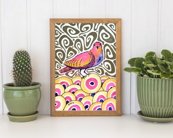 Pretty Bird Original Retro Inspired Art 5x7 Watercolor and Ink Painting Drawing