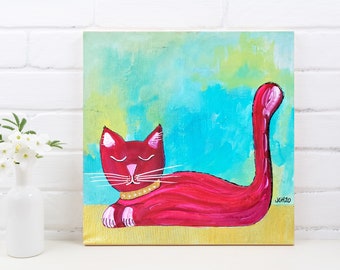 Original Acrylic Painting Red Cat with Swarovski Crystals 12 x 12