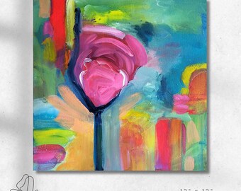Abstract Rose Painting: Modern Floral Acrylic Art, 12x12 Unframed