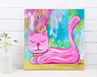 Original Acrylic Painting Pink Cat with Swarovski Crystals 12 x 12