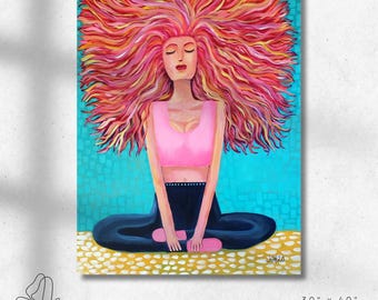 Original Acrylic Painting: Boho Girl in Yoga Pose, Big Hair (30x40)