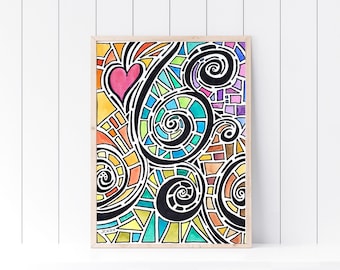 Swirl Mosaics Bold Vibrant Original Watercolor and Ink Painting 9" x 11.5"