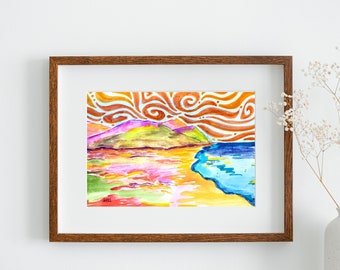 Psychedelic Beach Study Original Abstract Landscape Art 5.5x8.5 Watercolor and Ink Painting