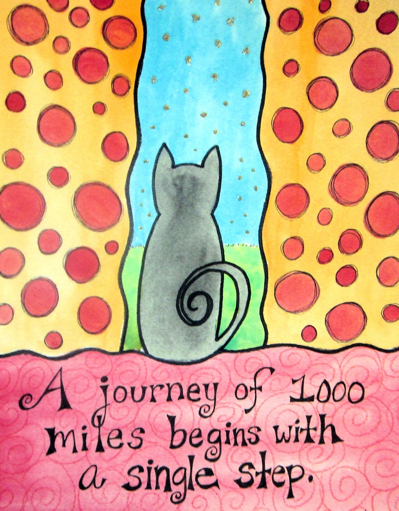 Journey Cat Original Watercolor Drawing with Inspirational Quote 9x12 image 2
