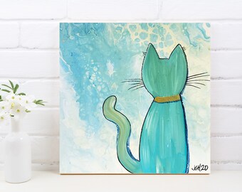 Peinture Acrylique Originale Turquoise Cat 12 x 12