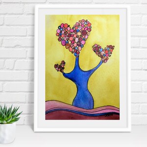 Heart Tree Watercolor Painting: Groovy Modern Art, Signed 5x7