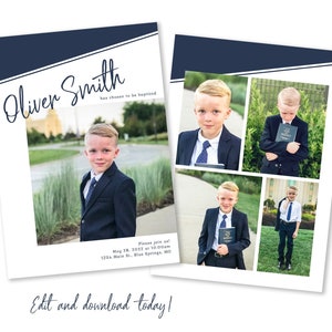 May include: A baptism invitation with a collage of photos of a young boy in a suit. The invitation includes the boy's name, Oliver Smith, and the date and time of the baptism. The text reads "Oliver Smith has chosen to be baptized. Please join us at 1234 Main St., River Springs, MO. May 28, 2023 at 10:00 AM."