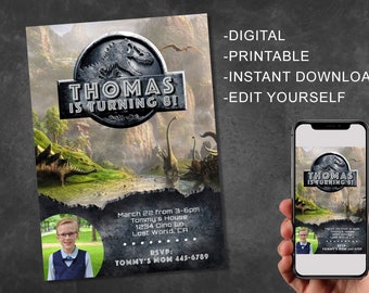 Dinosaur Invitations - Birthday Invitations with photo - Jurassic Park Invites - Camp Cretaceous Jurassic World - Instant Editable Download