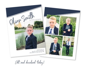 LDS baptism invitation announcement - instant download - simple navy blue design - boys baptism