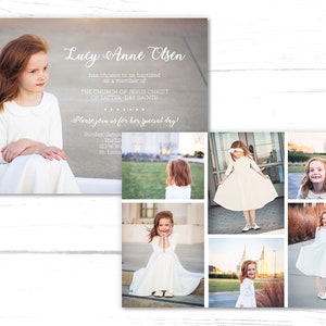 May include: A baptism invitation for Lucy Anne Olsen, featuring a collage of photos of her in a white dress. The invitation includes the date, time, and location of the event. The text "Please join us for her special day!" is written in a cursive font.