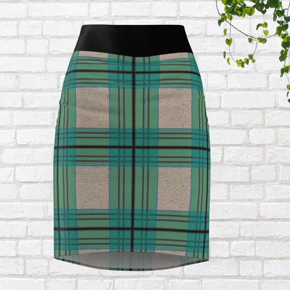 Plaid Pencil Skirt: Green Checkered Office Wear Mid-waist