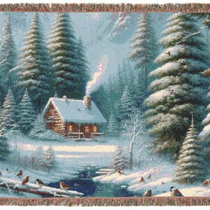 Winter Cabin Woven Blanket: Cozy Cotton Throw with Fringed Edges