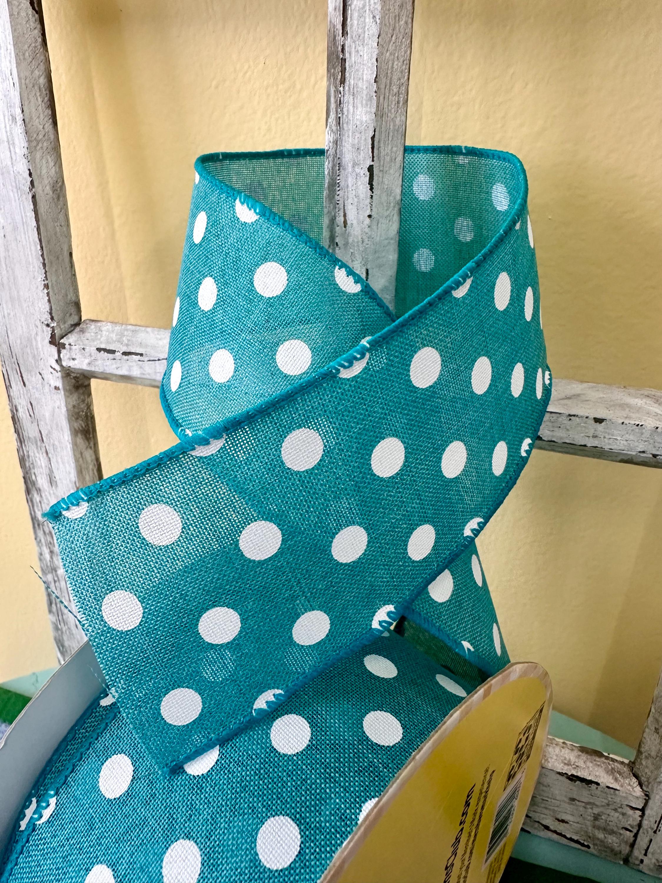 Blue Burlap Polka Dot Ribbon | Blue ribbon | 2.5” inches | wired edges | crafting supplies | crafts | bowmaking | teal ribbon | turquoise