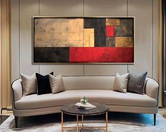 Abstract schilderij K008 van kunstenaar Ksavera - extra groot origineel acrylschilderij op XXL canvas - rood, zwart, goud - muurkunst - 100 x 210 cm