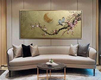 Japans schilderij J391 van kunstenaar Ksavera - extra groot origineel acrylschilderij op XXL canvas - gouden muurkunst - 100 x 210 cm