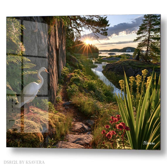 Wall Art Print – Elegant White Swan - Rocky Cliff River - Sunset Photography - acrylic, metal, canvas – DS0812L