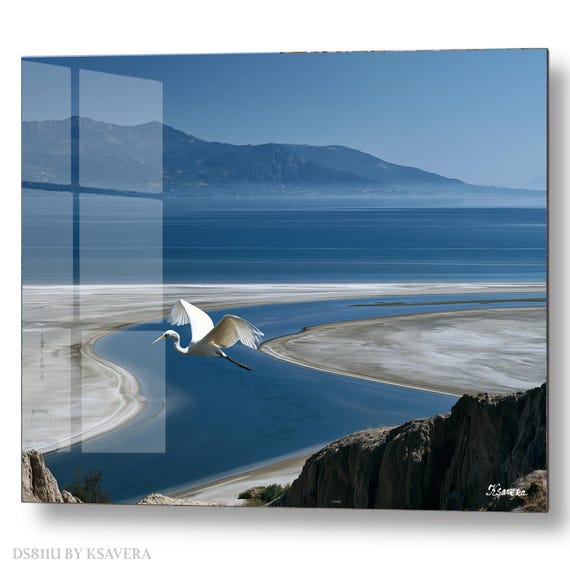 Wall Art Print – White Egret - Blue Lake - Zen Wildlife Photography – acrylic, metal, canvas – DS0811U
