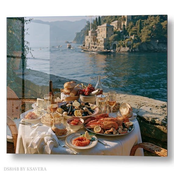 Wall Art Print – Mediterranean Seafood Dinner Table - Coastal restaurant Photography - acrylic, metal, canvas – DS0814B