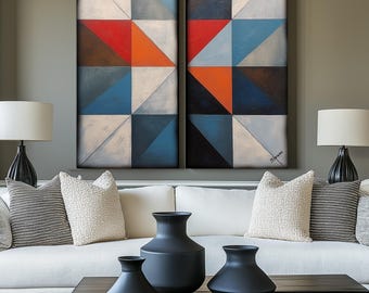 Abstract paintings K079 by artist Ksavera - extra large original acrylic painting on XXL canvas - red gray geometric diptych 100x100 cm