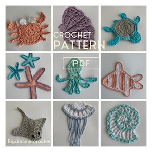 Puede incluir: Un conjunto de nueve patrones de crochet para criaturas marinas, incluyendo un cangrejo, una estrella de mar, una concha, una tortuga, un pulpo, un pez, una raya, una medusa y una concha. Los patrones están disponibles para descargar en PDF. CROCHET PATTERN PDF