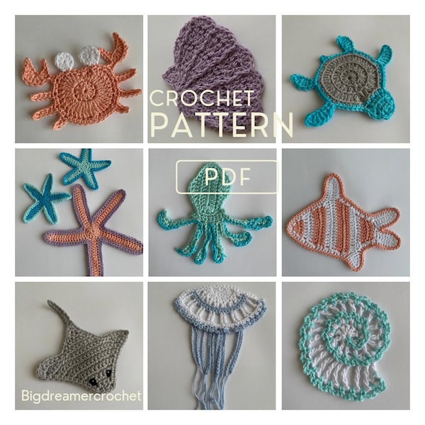 9 in 1 Sea creatures Applique pack | PDF crochet PATTERN | Jellifish | Sea Shell | Crab | Fish | Starfish | Octopus | Stingray | Turtle