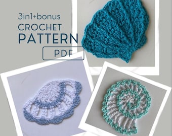 3 in 1 Seashell Crochet Pattern Pack | Shells | Crochet Sealife Collection | Crochet Appliqué | Sea Motif | Crochet Sea Creatures