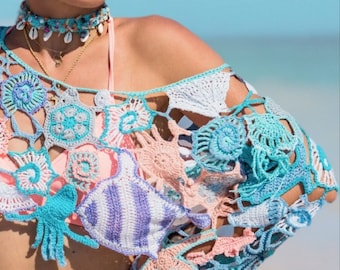 Crochet Top Pattern, Crochet long sleeve top, Plus Size Crochet , Sea Motifs Crochet Top, beachwear crochet shrug