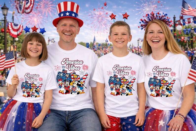 May include: A family of four wearing matching white t-shirts with the words "America Vibes" and a patriotic graphic. The background features fireworks and American flags, celebrating a festive occasion.