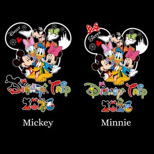 May include: Black graphic featuring Mickey and Minnie Mouse with other Disney characters. The design includes the text "Disney Trip 2026" in colourful letters. The word "Daddy" is above Mickey and "Sister" is above Minnie.