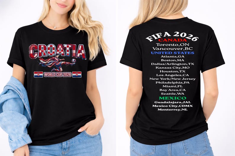 以下が含まれることがあります： 赤と白の文字で「CROATIA WORLD CUP 2026」とサッカー選手グラフィックがプリントされた黒いTシャツ。背中には、カナダ、米国、メキシコで開催されるFIFA 2026の開催都市が記載されています。