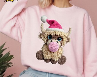 Highland Cow Christmas Sweatshirt – Pink Holiday Pullover, Farm Animal Gift