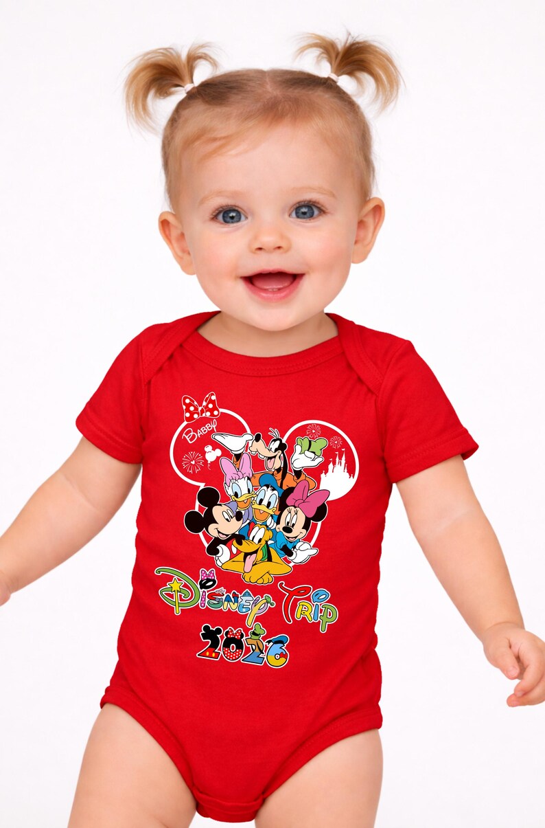 May include: A red baby bodysuit with a Disney Trip 2023 design. The graphic features Mickey Mouse, Minnie Mouse, Donald Duck, Daisy Duck, Goofy, and Pluto. The word "Baby" is written above the characters.