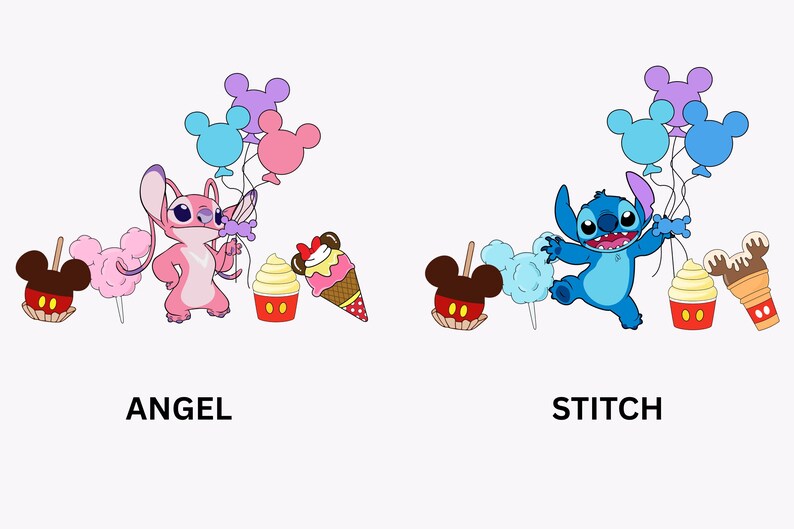 Op de afbeelding: Illustratie van Angel en Stitch-personages met ballonnen, suikerspin, ijs en Mickey Mouse-vormige karamelappels. Angel is roze en Stitch is blauw. De woorden "ANGEL" en "STITCH" staan eronder.
