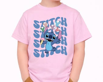 Stitch Kids Shirt, Cute Alien Graphic Tshırt, Toddler Youth Baby Bodysuit, Vacation Gift, Blue Cartoon Summer Outfit for Boys and Girls Fun,