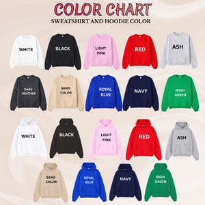 Peut inclure: Un nuancier pr&eacute;sente diff&eacute;rentes couleurs de sweat-shirts et de hoodies. Le nuancier comprend du blanc, du noir, du rose clair, du rouge et du gris cendr&eacute;. D'autres couleurs sont le gris fonc&eacute;, sable, bleu roi, marine et vert irlandais. Le texte "NUANCIER" est en haut.
