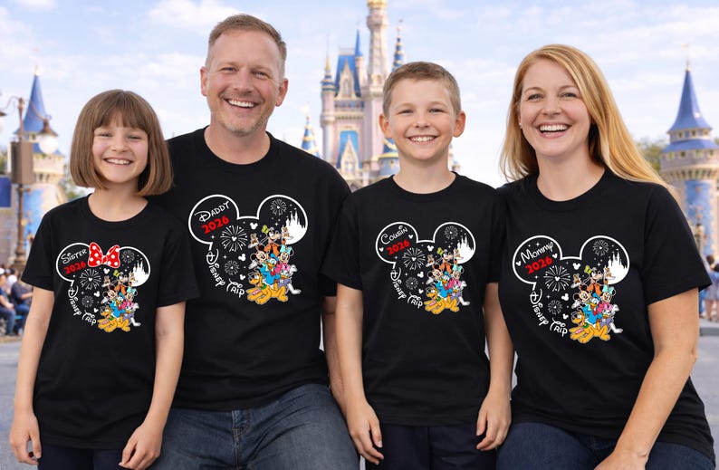 May include: Four people wearing matching black t-shirts with a Mickey Mouse head design. Each shirt has a different title: "Sister", "Daddy", "Cousin", and "Mommy", with "2026" and "Disney Trip" text. The background shows a theme park.