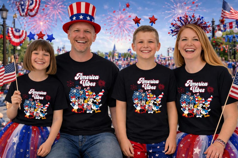 May include: A family of four wearing matching black t-shirts with the text "America Vibes" and a cartoon graphic. The background includes fireworks, American flags, and festive decorations. The family is smiling and holding American flags.