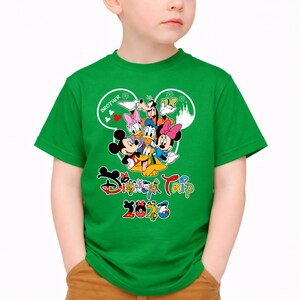 May include: Green t-shirt with a Disney character graphic, including Mickey and Minnie Mouse, Donald Duck, and Goofy. The text "Disney Trip 2020" is displayed in a colourful font on the shirt.